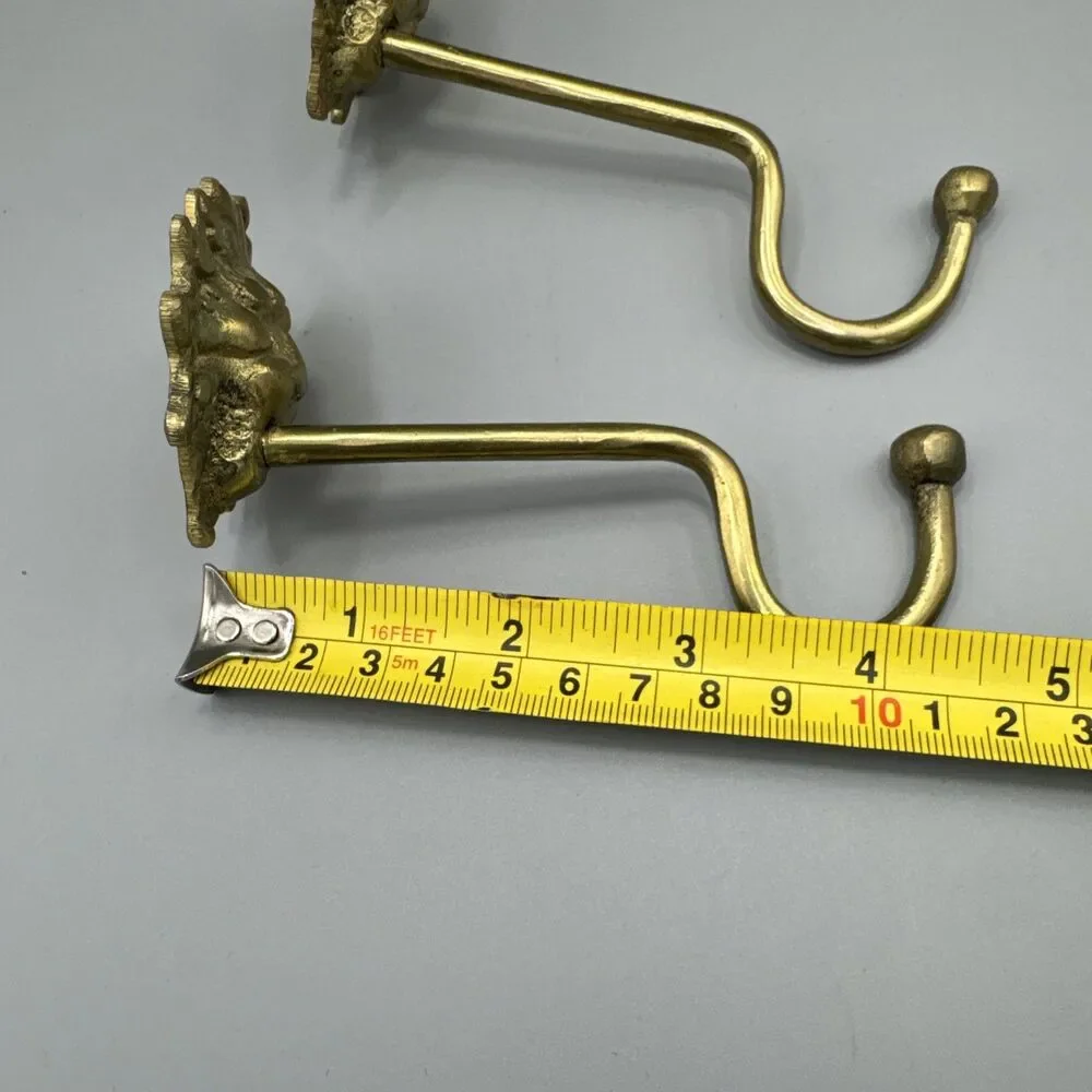 Vintage Brass Lion Head Curtain Holdbacks Tiebacks Wall Hooks Pair Mid Century